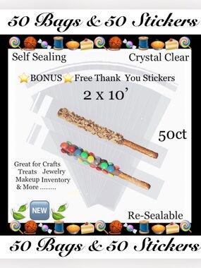 50ct 2x10’ Clear Cello Bags w/50ct Free Stickers 🍃🆕🍃Crystal Clear~ Resealable…